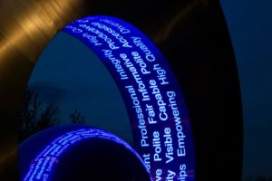 Stencilled LED lights on a public sculpture