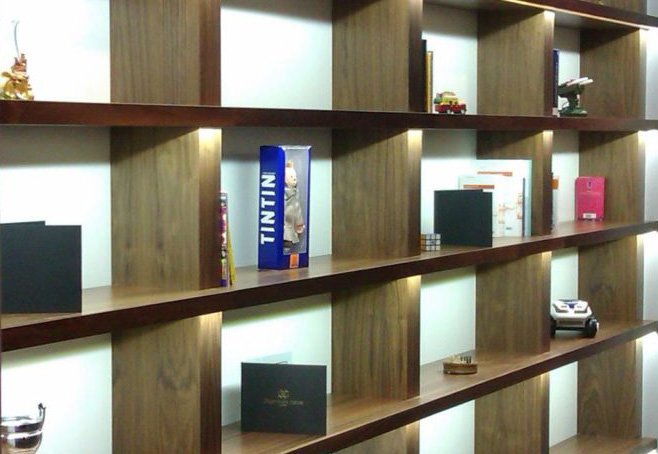 5-watt white LED strips on a bookcase create a striking feature